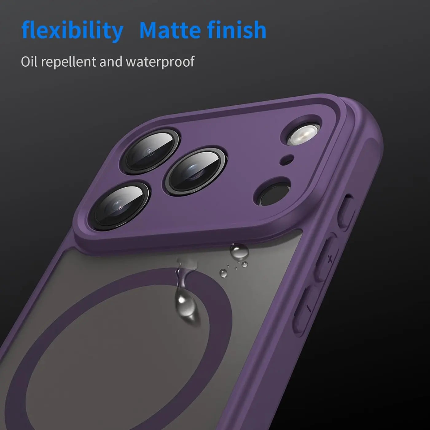 Lila MagSafe Hülle aus Kunststoff mit Kameraschutz, Nahaufnahme, iPhone 17 Pro Max.