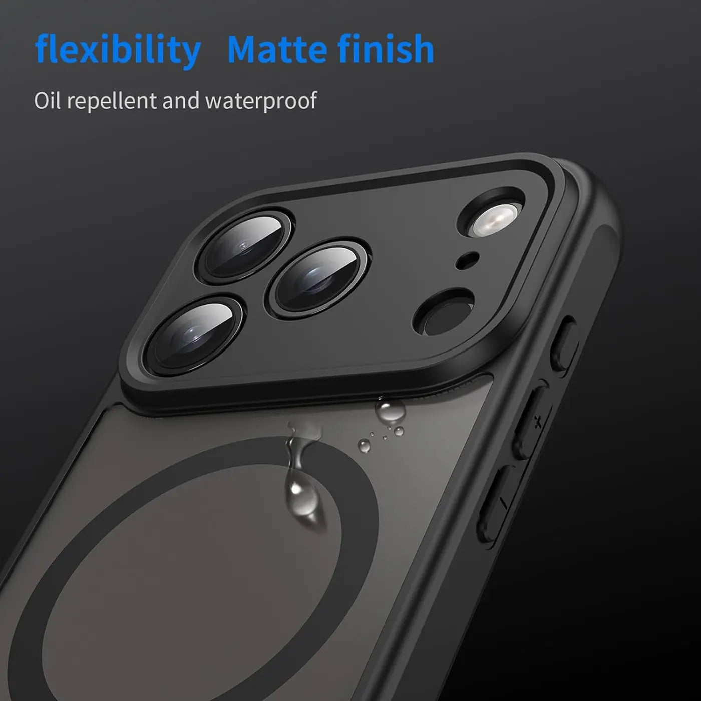Schwarze MagSafe Hülle mit Kameraschutz, aus Kunststoff, Nahaufnahme, iPhone 17 Pro Max.