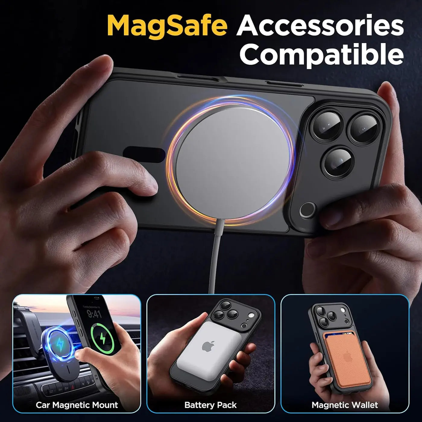 Schwarze MagSafe Hülle mit Kameraschutz, zeigt iPhone 17 Pro mit MagSafe Ladegerät.