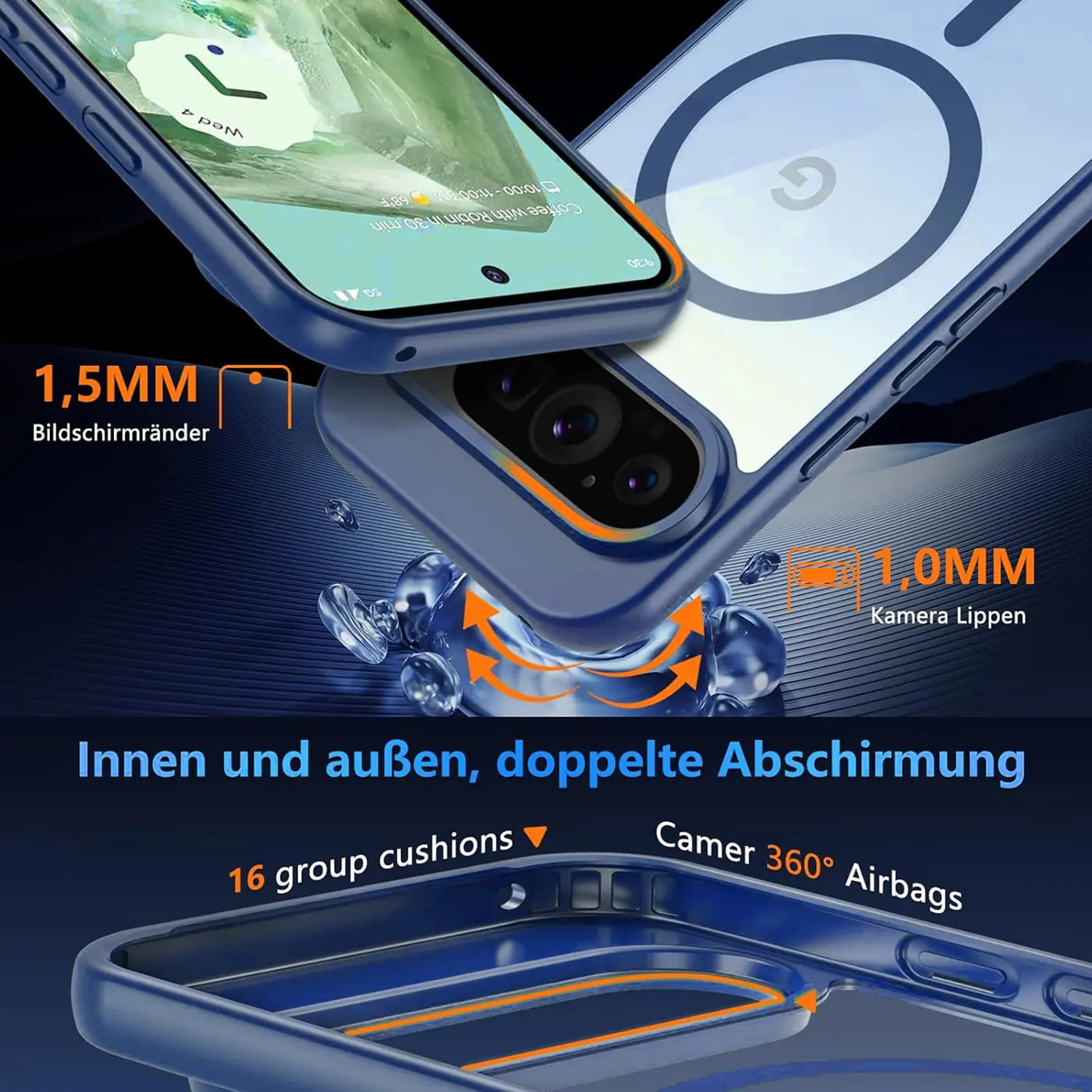Dunkelblaue, transparente MagSafe-Hülle aus Silikon für Google Pixel 10, mit Kameraschutz, von oben.