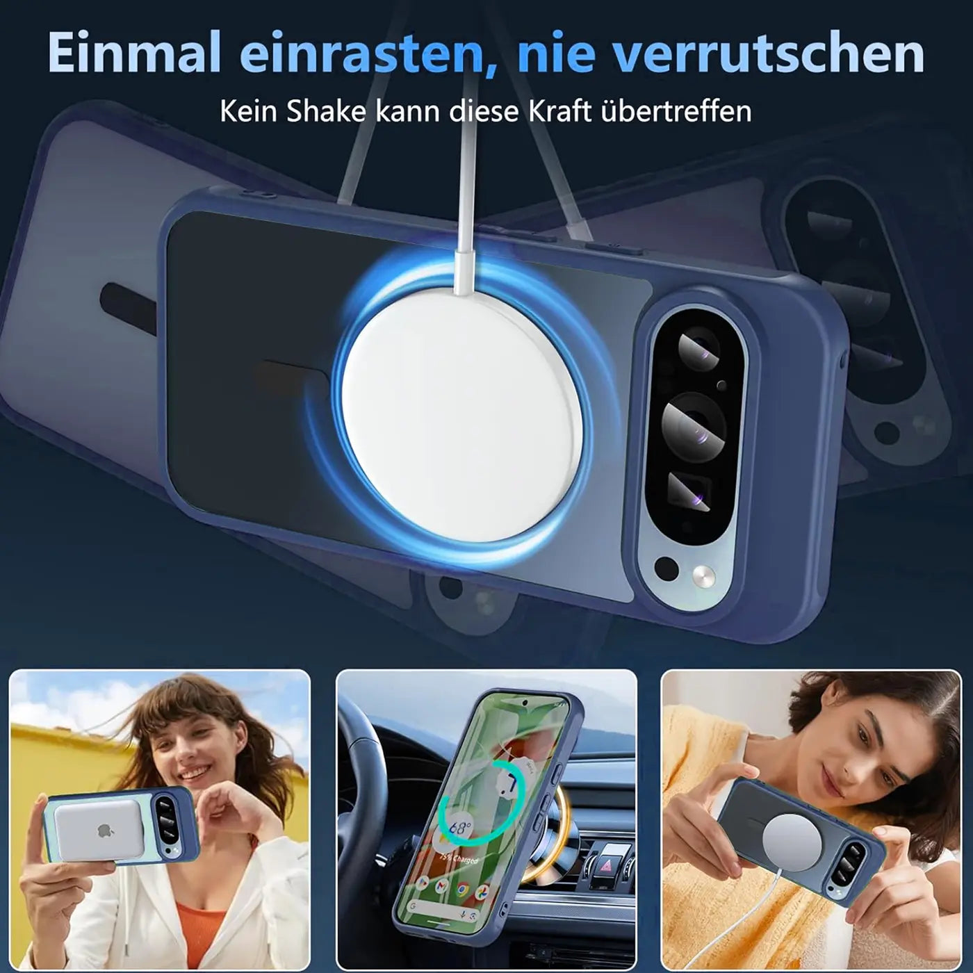 Blau-transparente MagSafe-Hülle mit Kameraschutz für Google Pixel 10, von oben mit MagSafe-Ladegerät.