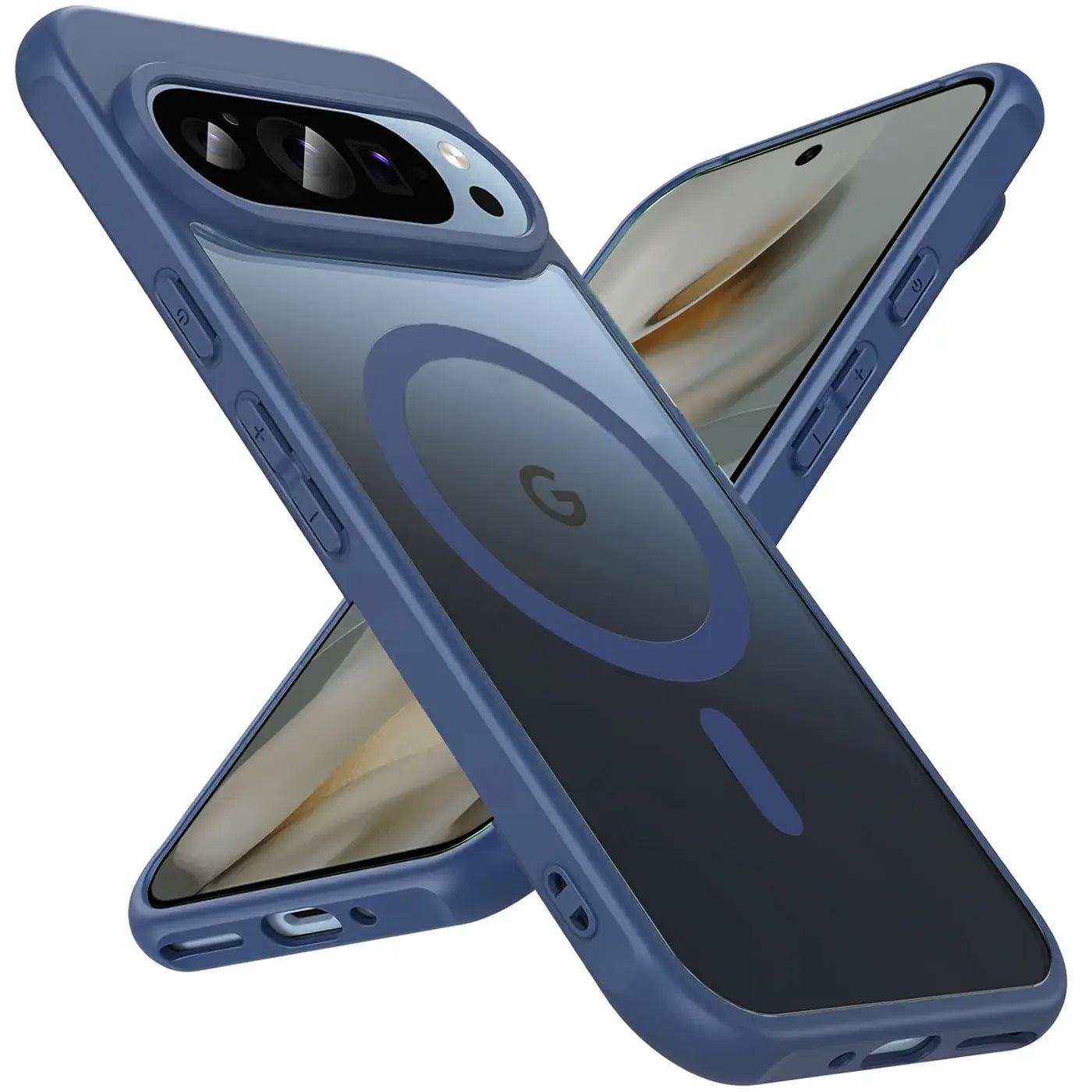 Blaue, transparente MagSafe-Hülle mit Kameraschutz für Google Pixel 10 Pro, schräg von oben.
