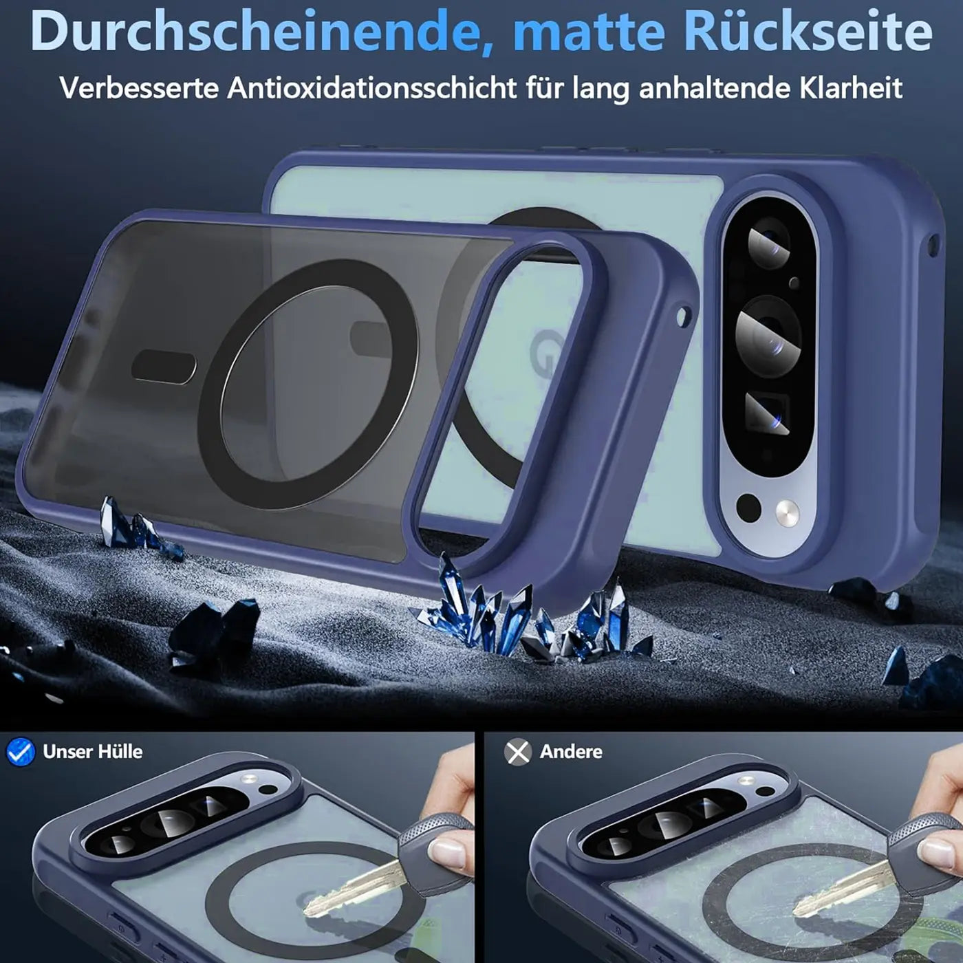 Dunkelblaue, transparente MagSafe Hülle mit Kameraschutz für Google Pixel 10 Pro, schräg von hinten.