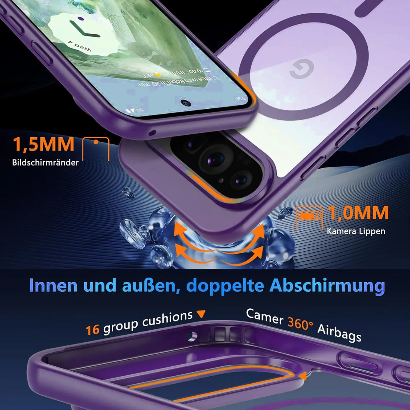 Lila MagSafe-Hülle für Google Pixel 10 Pro aus Silikon/TPU, mit Kameraschutz, von oben schräg gezeigt.