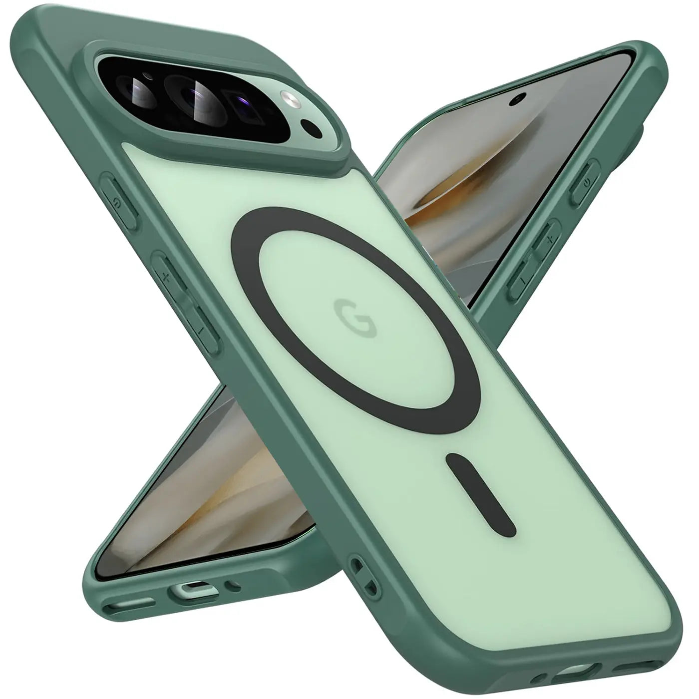 Zwei grüne, transparente MagSafe-Hüllen aus Silikon für Google Pixel 10 Pro XL, schräg von hinten gezeigt.