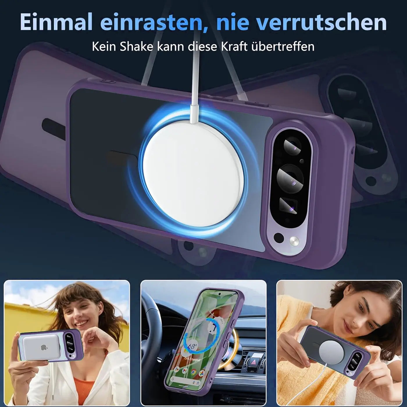 Lila MagSafe Hülle für Google Pixel 10 Pro XL mit Kameraschutz, von oben links, kabelloses Ladegerät haftet.