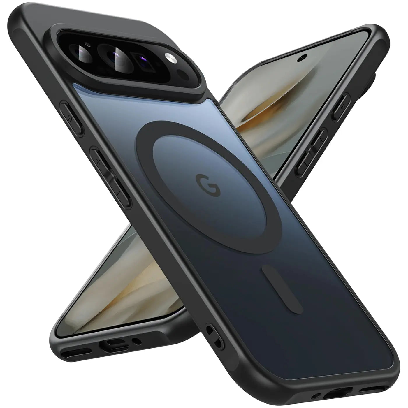Schwarze, transparente MagSafe-Hülle mit Kameraschutz für Google Pixel 10, schräg von hinten links.