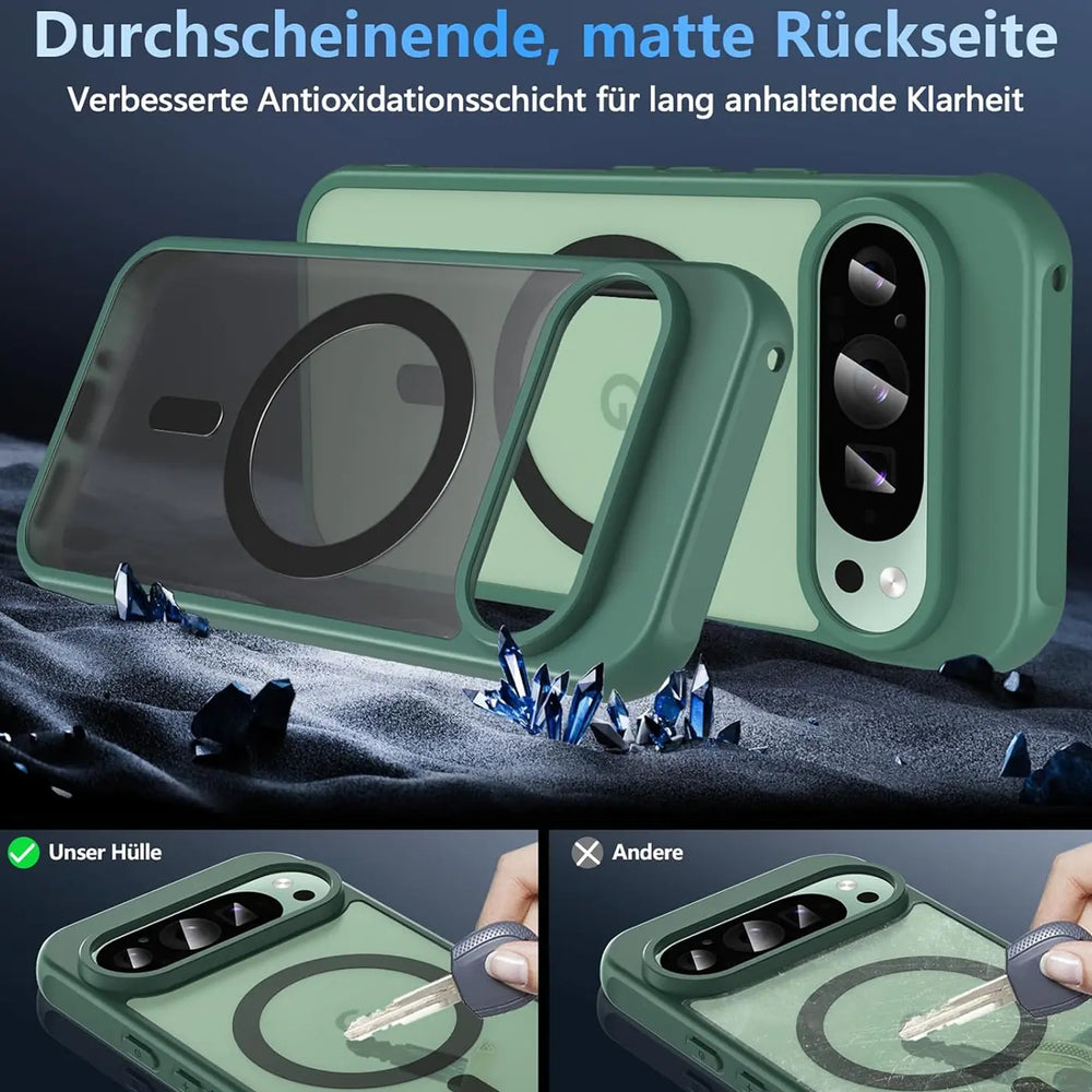 Grüne, matte MagSafe-Hülle für Google Pixel 9 mit Kameraschutz, halbtransparent, von hinten schräg.