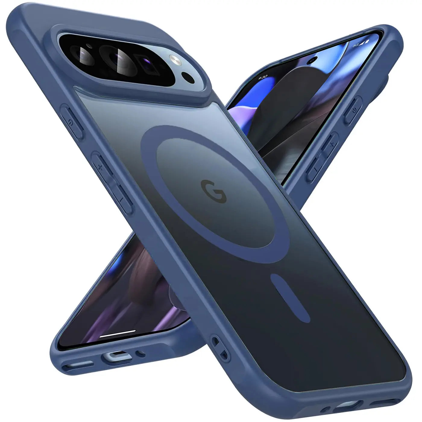 Zwei blaue, transparente Google Pixel 9 Pro MagSafe Hüllen aus Silikon/TPU mit Kameraschutz, schräg von vorne.