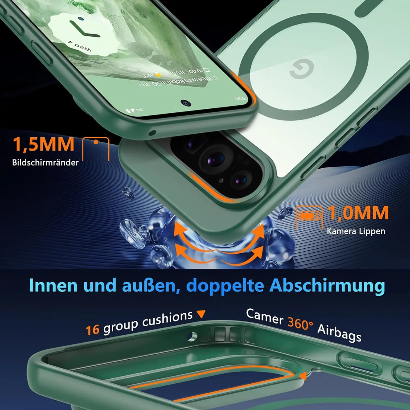 Dunkelgrüne MagSafe Hülle für Google Pixel 9 Pro. Vorder- und Rückseite mit Kameraschutz, schräg von oben.