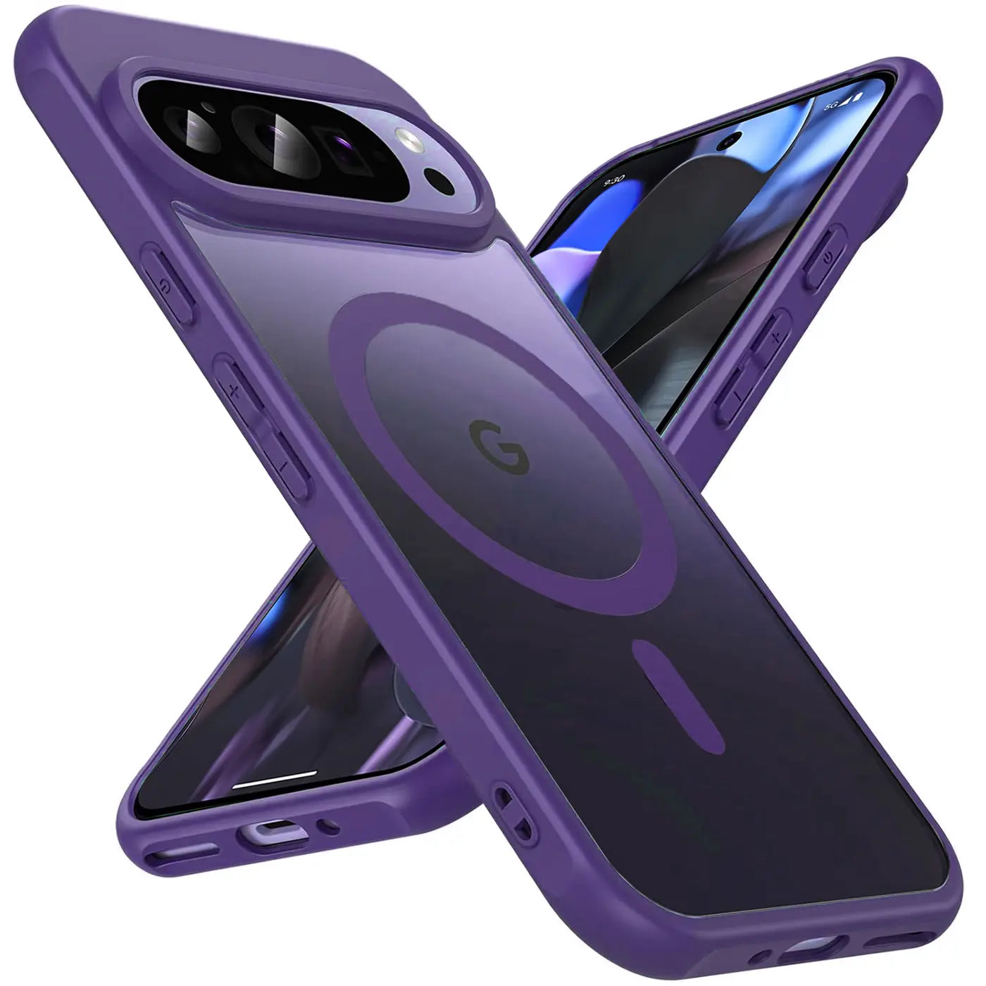 Zwei violette, transparente Google Pixel 9 Pro MagSafe Hüllen mit Kameraschutz, diagonal überlappend, von oben rechts.
