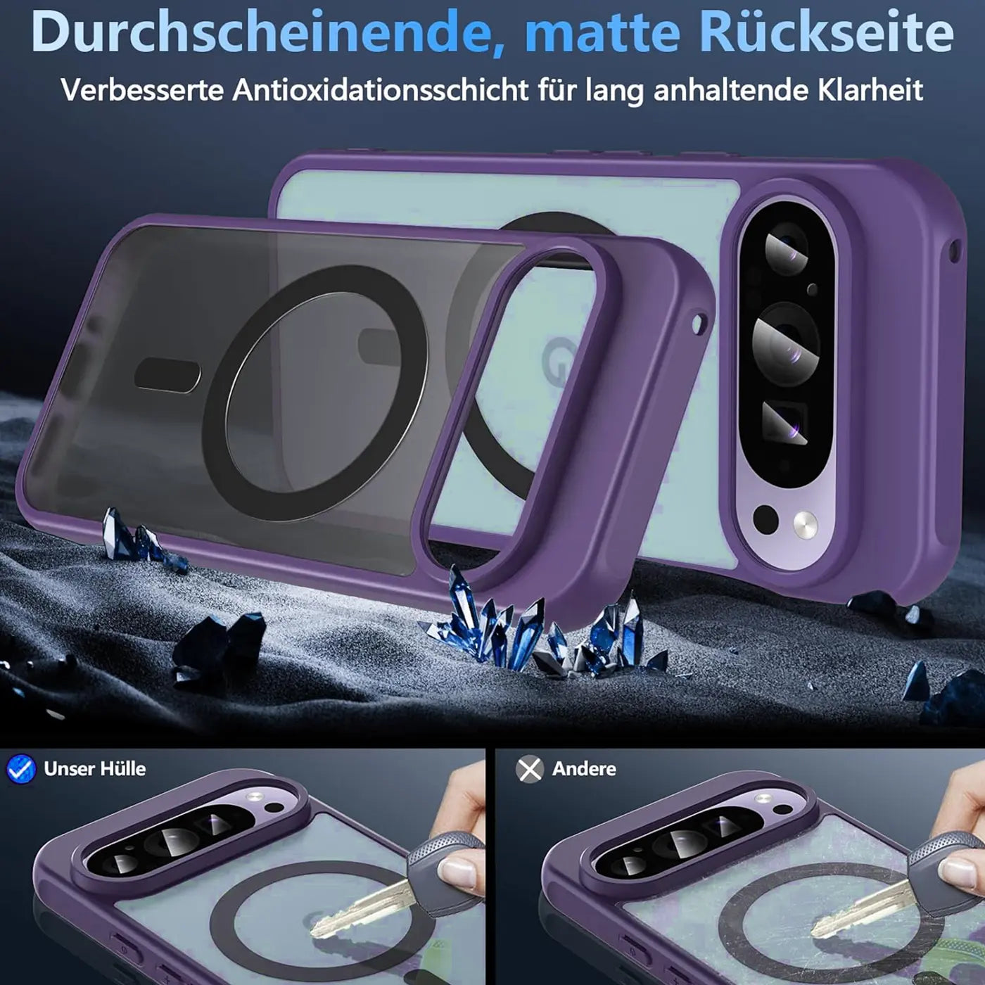 Lila, durchsichtige MagSafe-Hülle mit Kameraschutz für Google Pixel 9 Pro, schräg von hinten gezeigt.