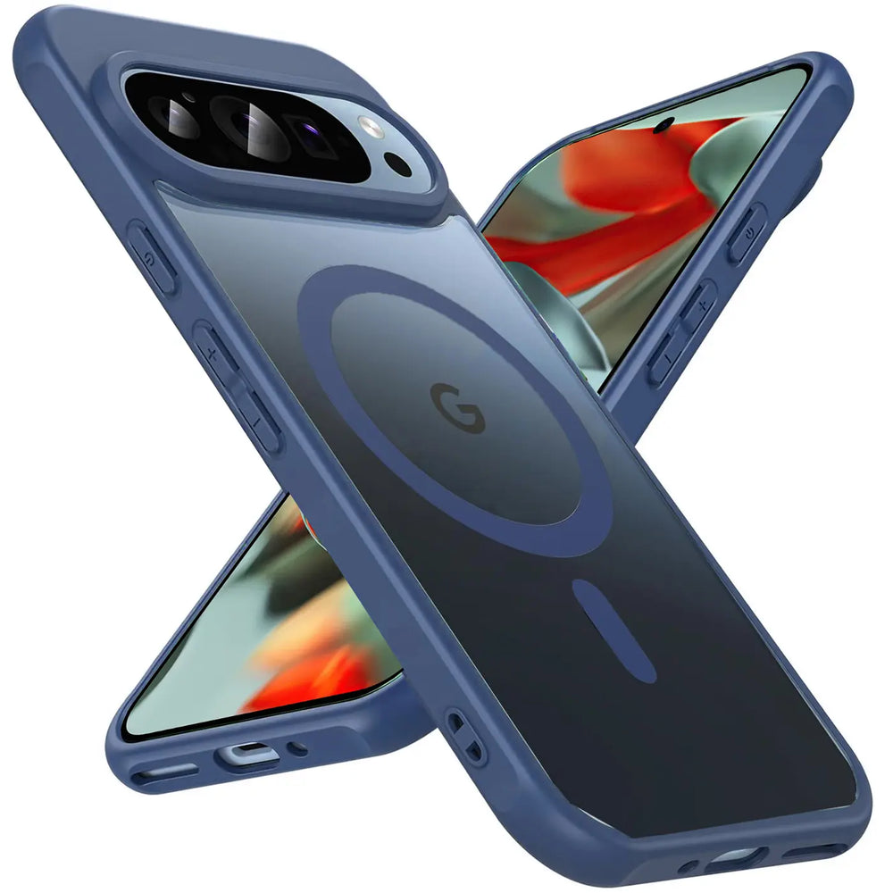 Blaue, transparente MagSafe-Hülle mit Kameraschutz für Google Pixel 9 Pro XL, schräg von hinten gezeigt.