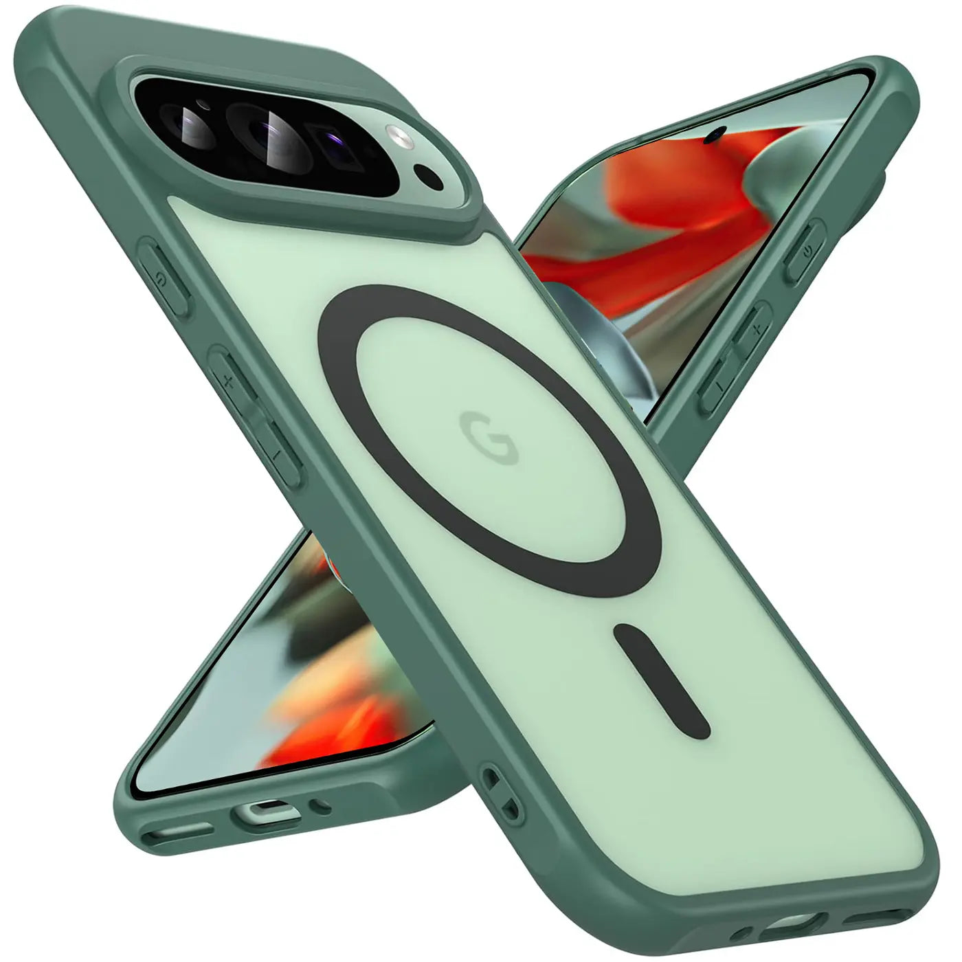 Zwei grüne, transparente MagSafe-Hüllen für Google Pixel 9 Pro XL, schräg von hinten mit Kameraschutz.