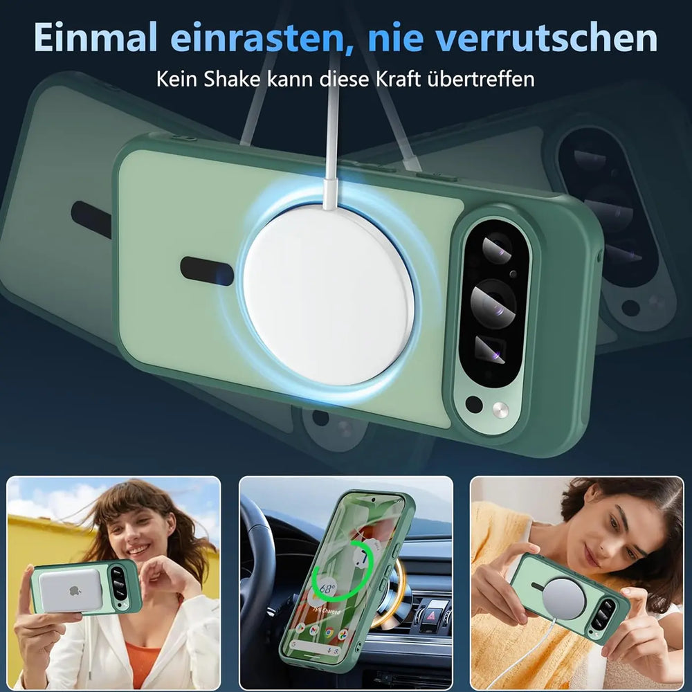 Grüne MagSafe-Hülle für Google Pixel 9 Pro XL mit Kameraschutz, von hinten mit Ladepad und in Nutzung gezeigt.