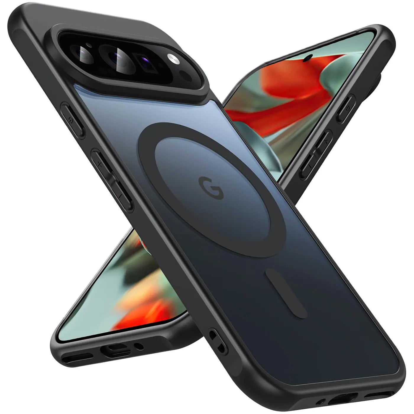 Schwarze, transparente Silikon-MagSafe-Hülle für Google Pixel 9 Pro XL mit Kameraschutz, schräg von oben.