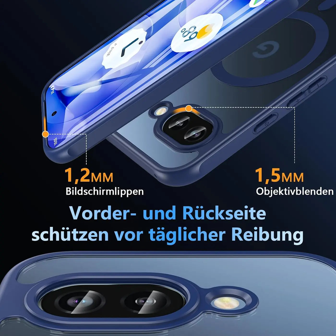 Dunkelblaue, transparente Silikonhülle für Google Pixel 9a, schräg von oben, zeigt Kameraschutz und erhöhte Ränder.
