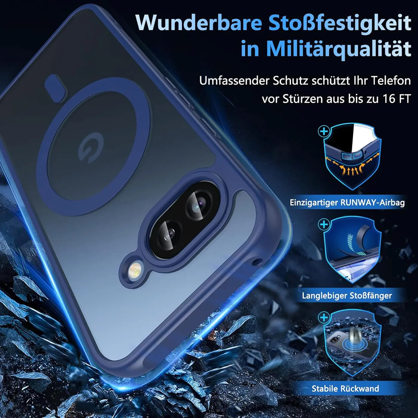 Blaue, transparente MagSafe-Hülle aus TPU/PC für Google Pixel 9a, schräg von hinten mit Kameraschutz.