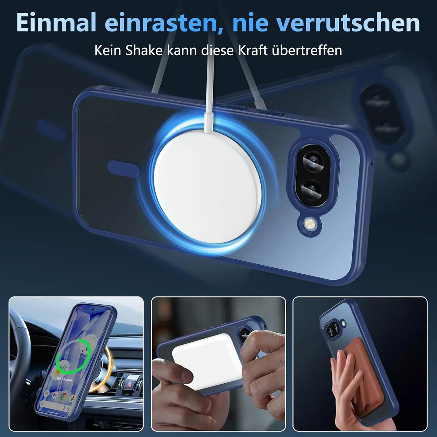 Blau-transparente Silikonhülle für Google Pixel 9a mit MagSafe-Ladegerät, von hinten oben links.