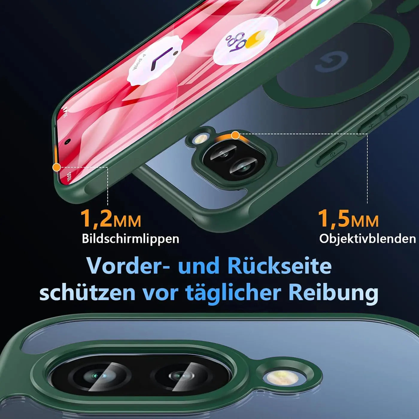 Grüne, transparente Silikonhülle für Google Pixel 9a, schräg von oben. Details zu 1,2mm Bildschirmlippen und 1,5mm.