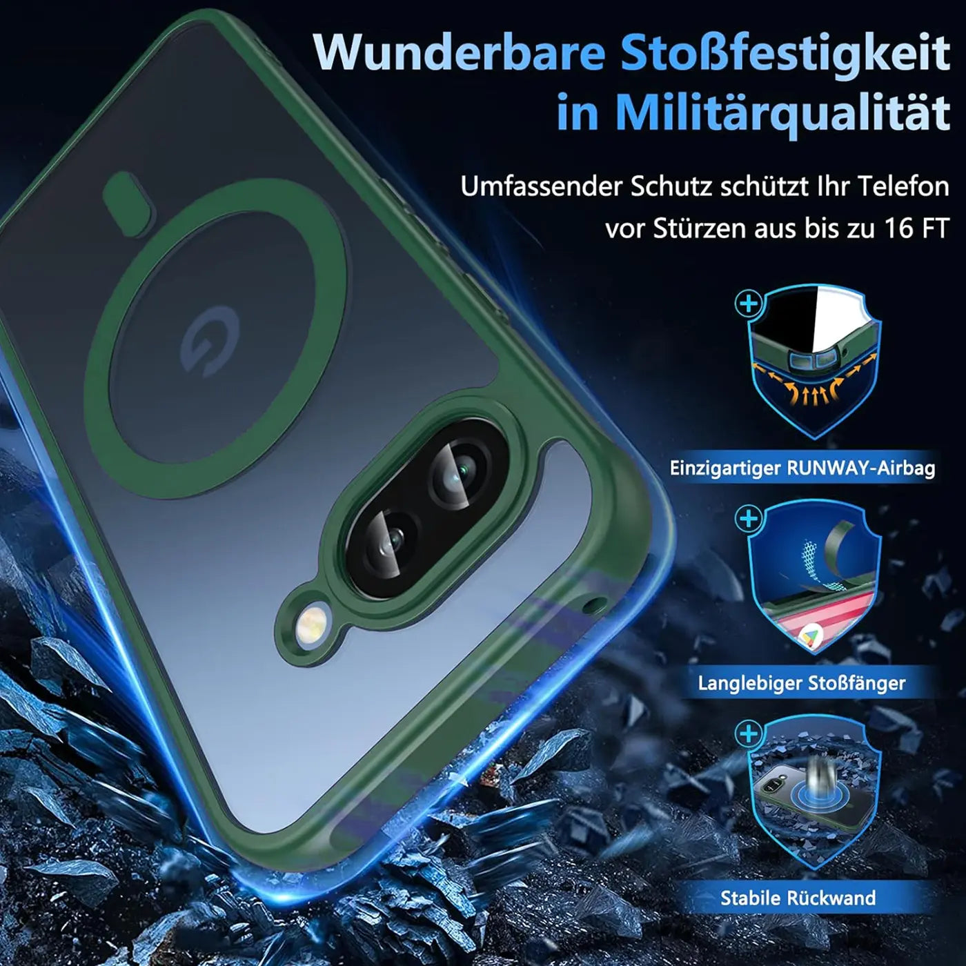 Dunkelgrüne, transparente MagSafe-Hülle mit Kameraschutz für Google Pixel 9a, schräg von hinten auf Trümmern liegend.