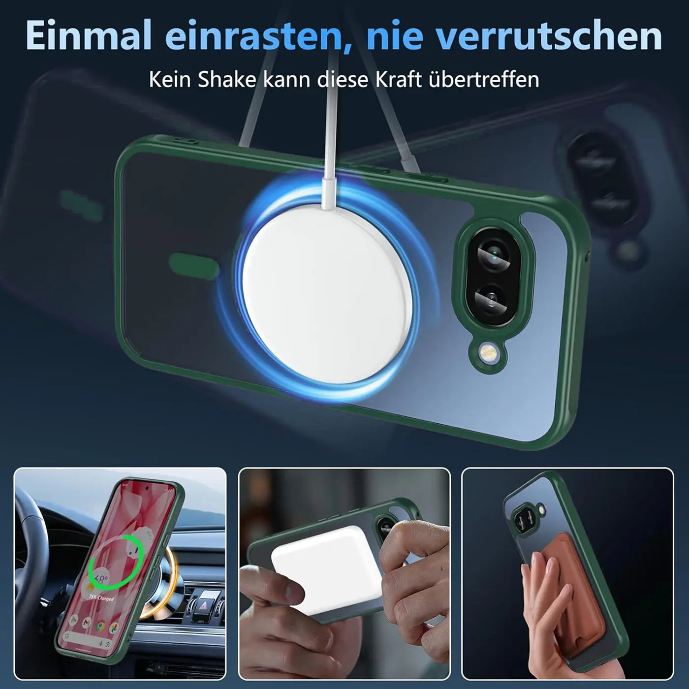 Google Pixel 9a in transparenter MagSafe-Hülle mit dunkelgrünem Rahmen und Kameraschutz, von hinten mit Ladegerät.