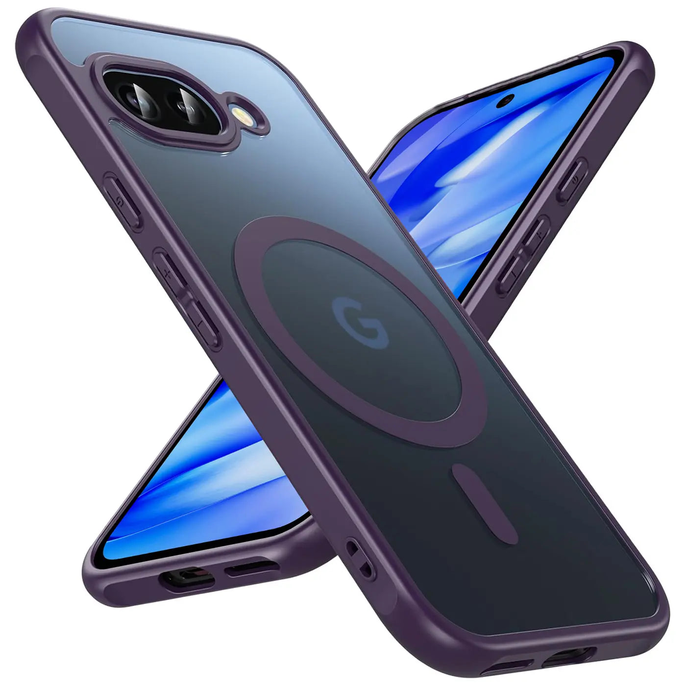 Zwei violett-transparente MagSafe-Hüllen für Google Pixel 9a, schräg von hinten/vorne, mit Kameraschutz.