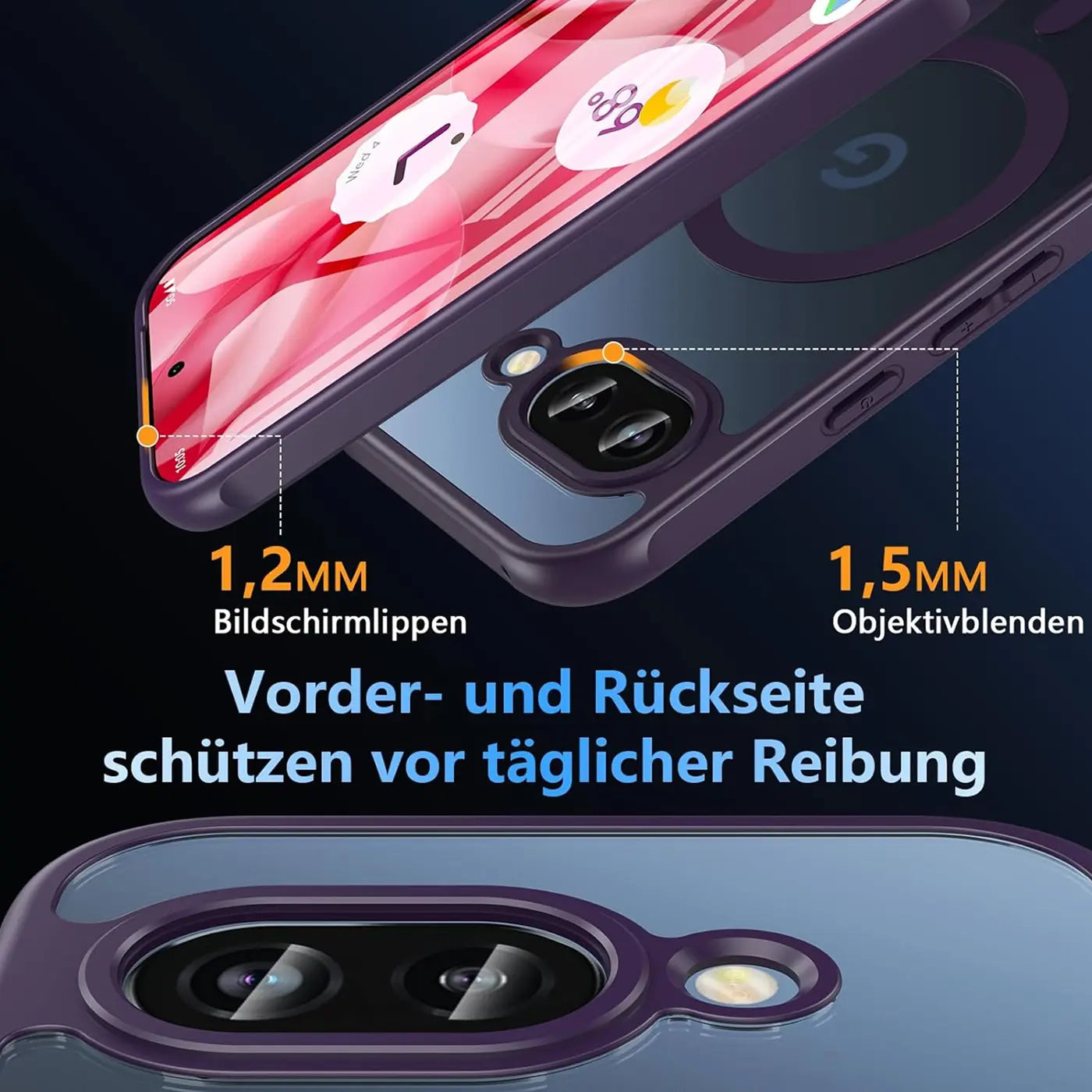Dunkelviolette, transparente Silikonhülle für Google Pixel 9a, schräg von oben, mit Kameraschutz und erhöhten Rändern.