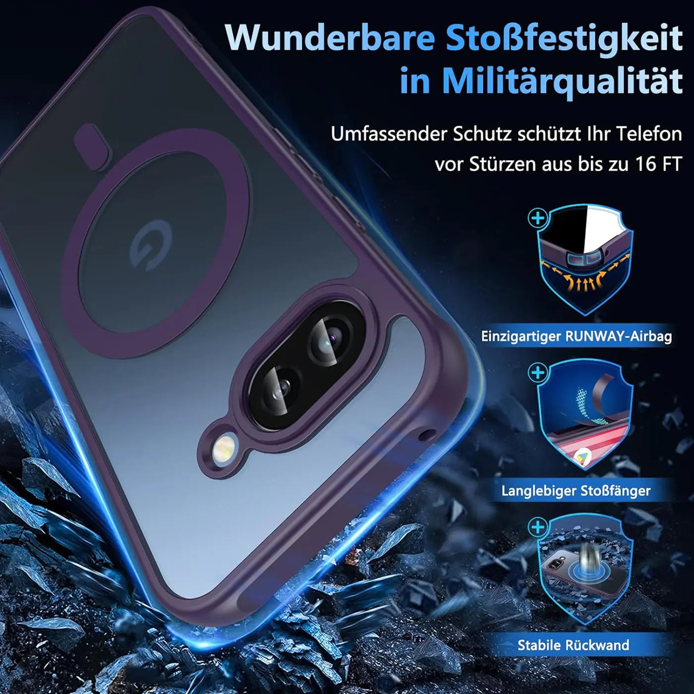 Transparente Google Pixel 9a MagSafe Hülle mit lila Rand und Kameraschutz, schräg von hinten auf Trümmern liegend.