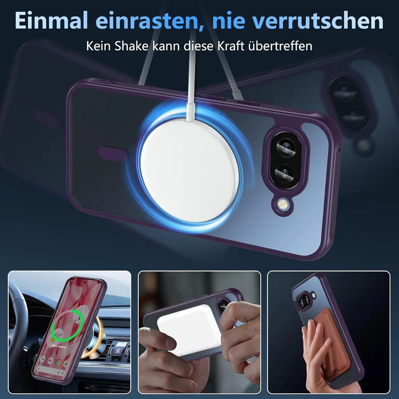 Google Pixel 9a in transparenter MagSafe Hülle mit lila Rand, von hinten mit Ladepad, Kameraschutz.