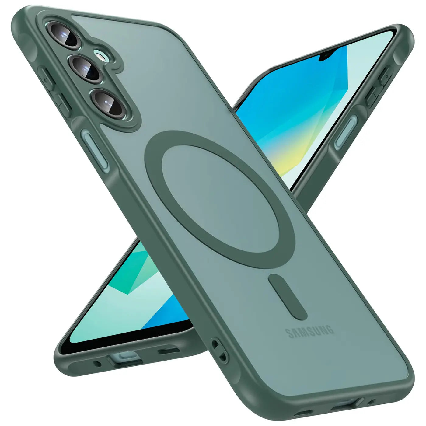 Grüne MagSafe Hülle aus Kunststoff mit Kameraschutz, seitliche Ansicht, Samsung Galaxy A16 5G.