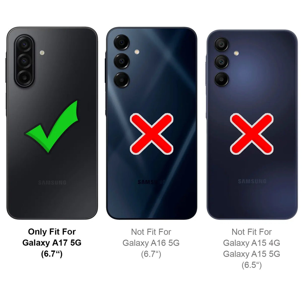 Drei Samsung-Handys: Schwarz mit Haken, Dunkelblau mit X, Dunkelblau mit X.