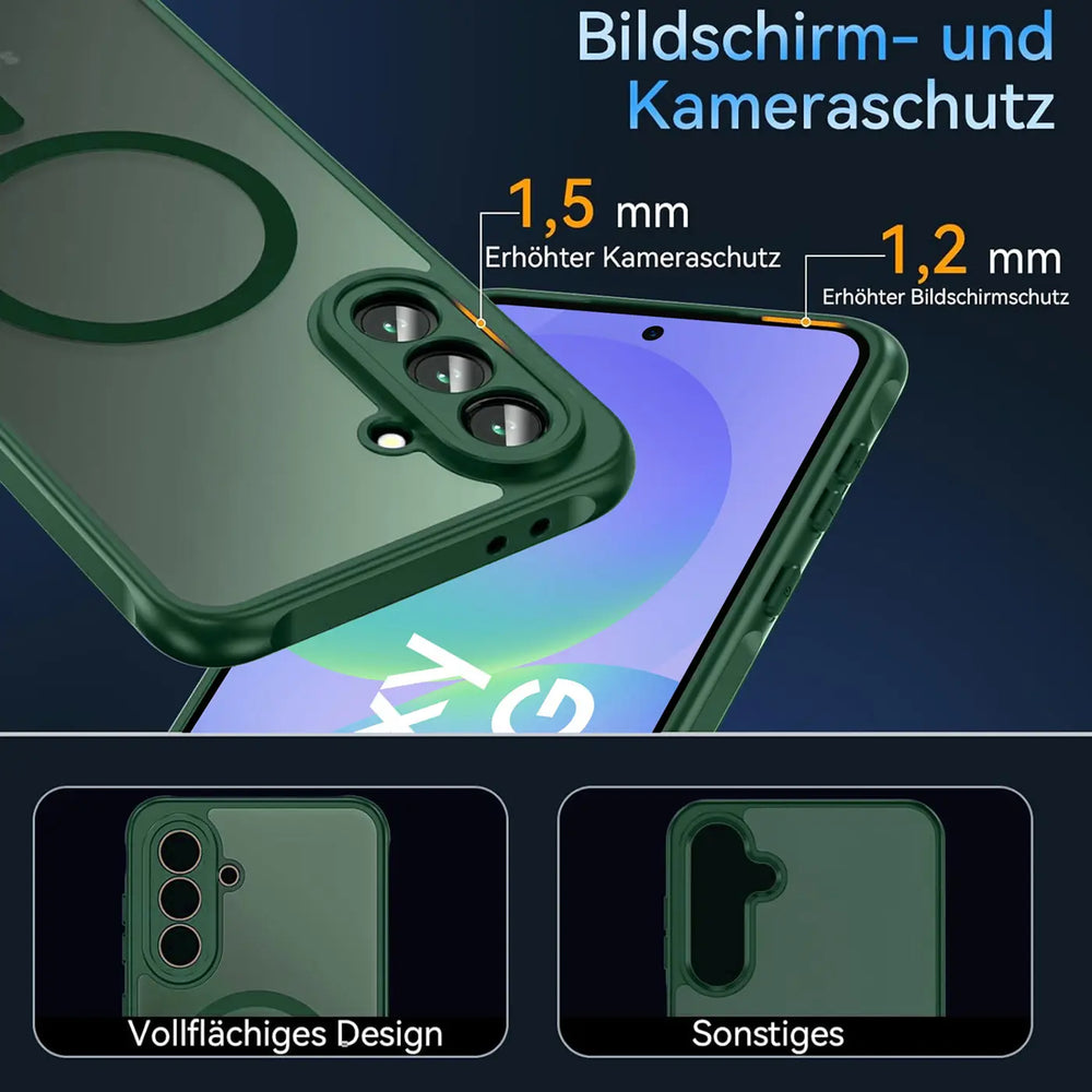 Dunkelgrüne MagSafe-Hülle aus Kunststoff mit Kameraschutz, Nahaufnahme, Samsung Galaxy A36 5G.