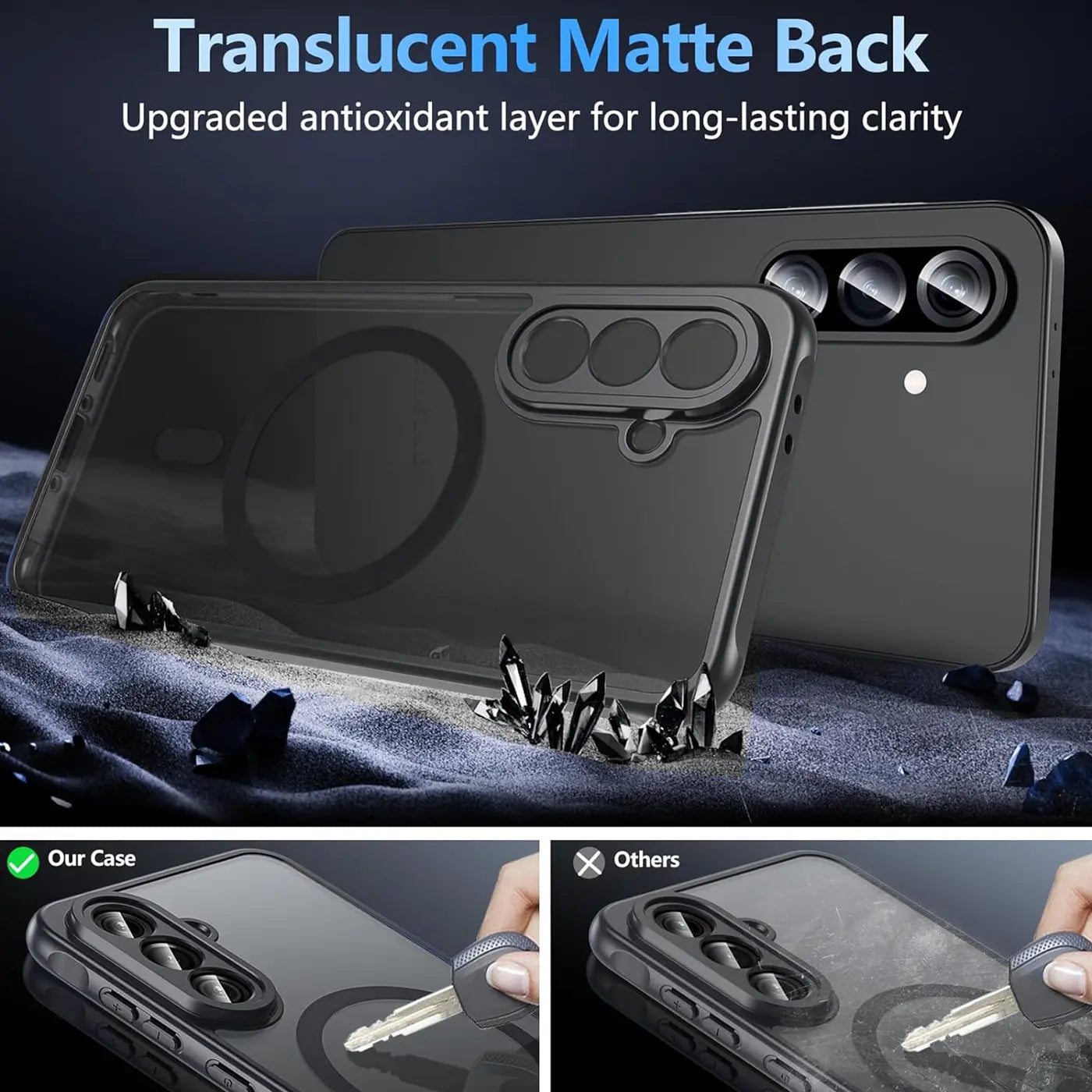 Dunkelgraue, matte MagSafe Hülle für Samsung Galaxy A36 5G, von hinten gezeigt.