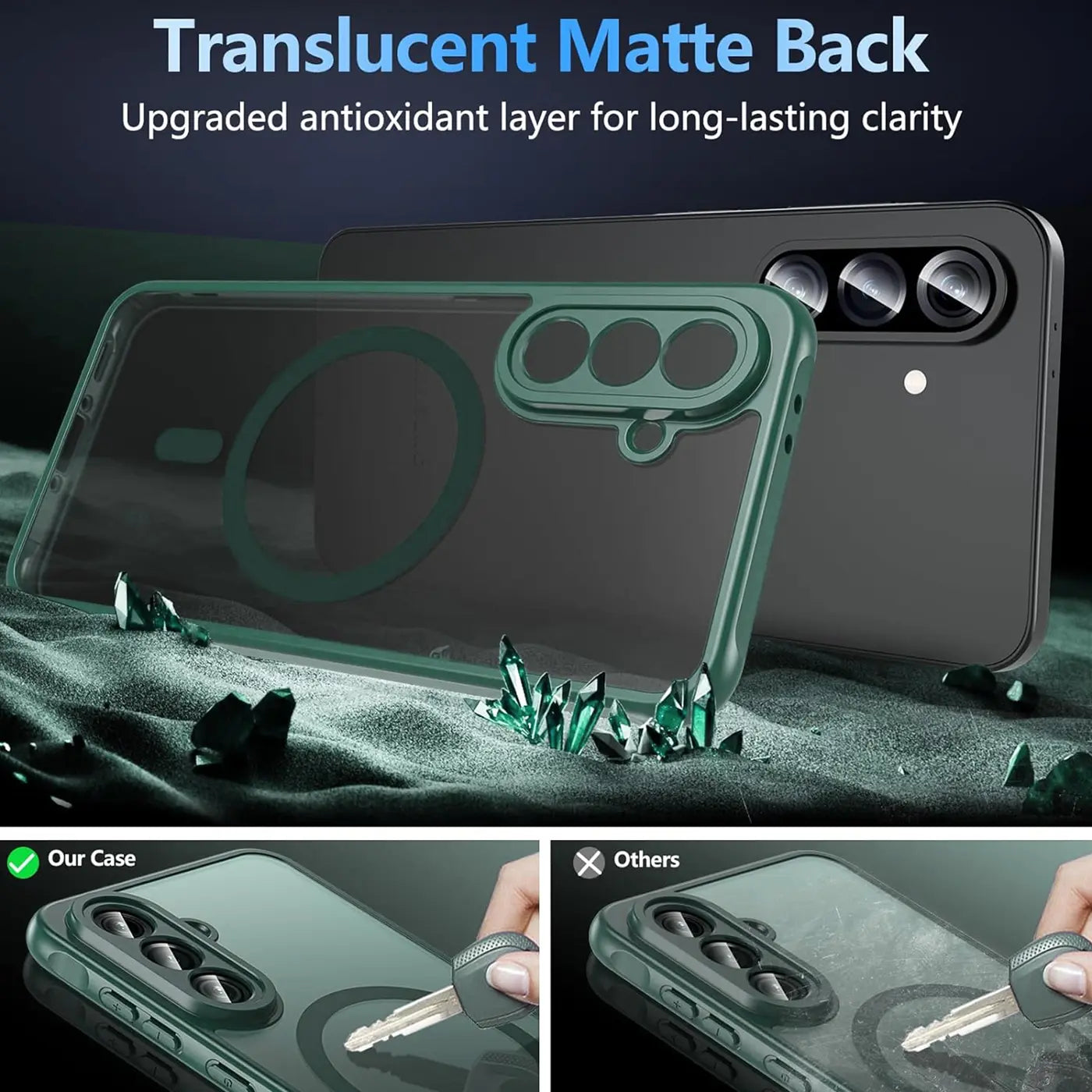 Grüne MagSafe Hülle, transparent, von hinten, mit Kameraschutz, für Samsung Galaxy A37 5G.