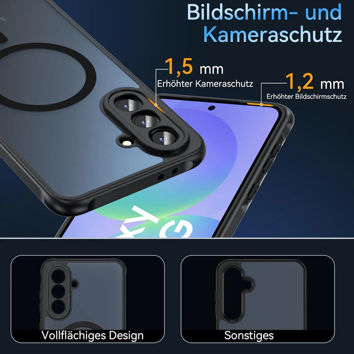Transparente MagSafe-Hülle aus Kunststoff mit schwarzem Rand, Nahaufnahme, zeigt Kamera und Bildschirm eines Samsung Galaxy.