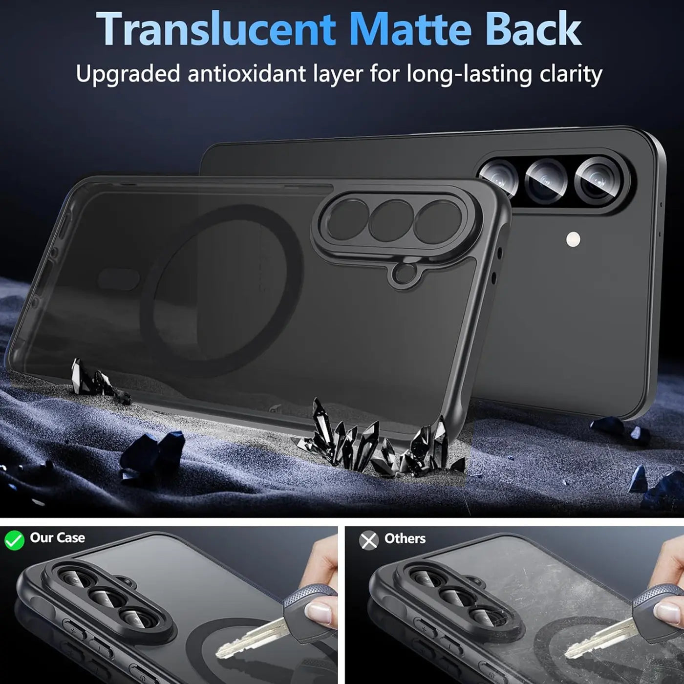 Dunkelgraue, matte MagSafe-Hülle für Samsung Galaxy A37 5G, Kameraschutz.