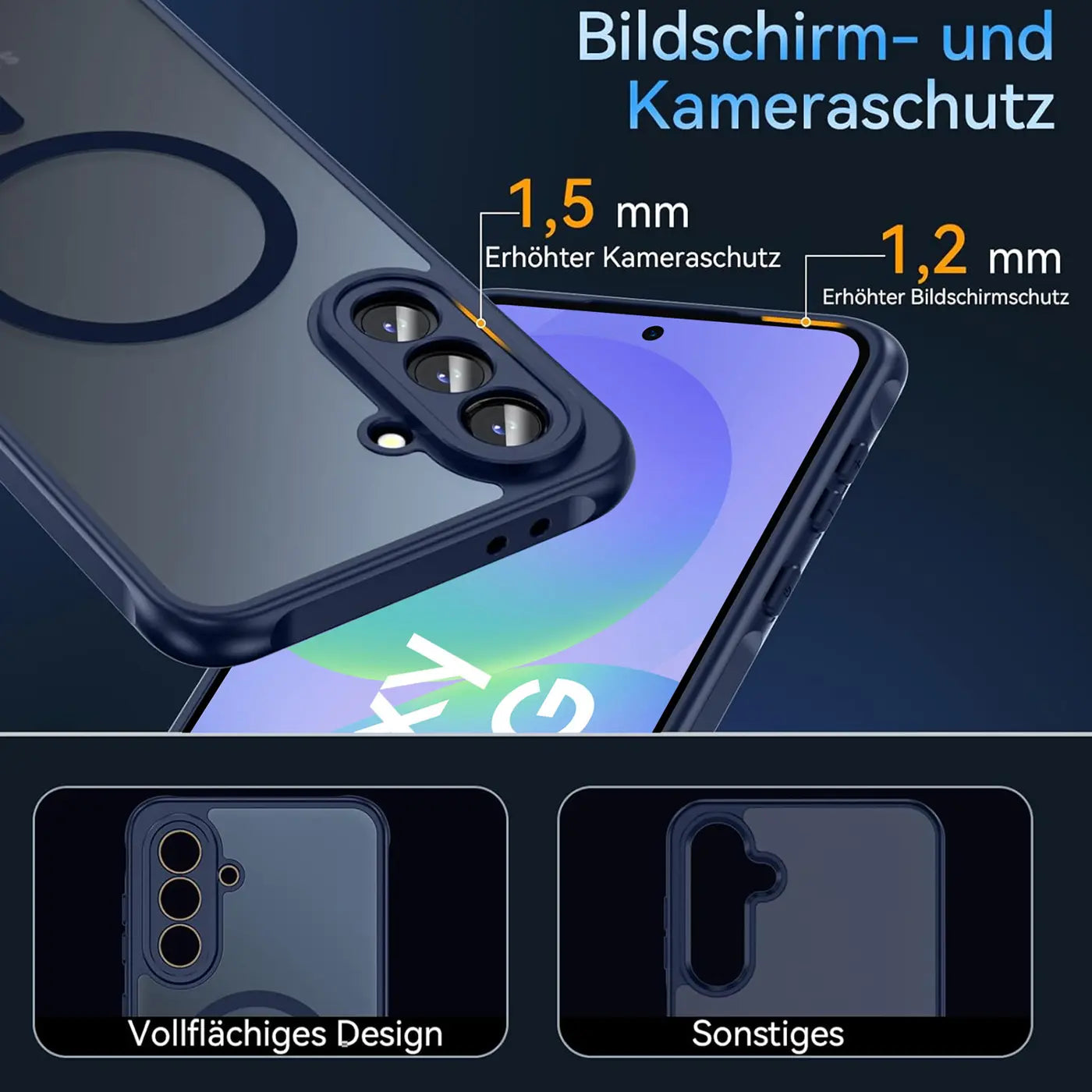 Dunkelblaue MagSafe Hülle aus Kunststoff, Nahaufnahme, Samsung Galaxy A56 5G.