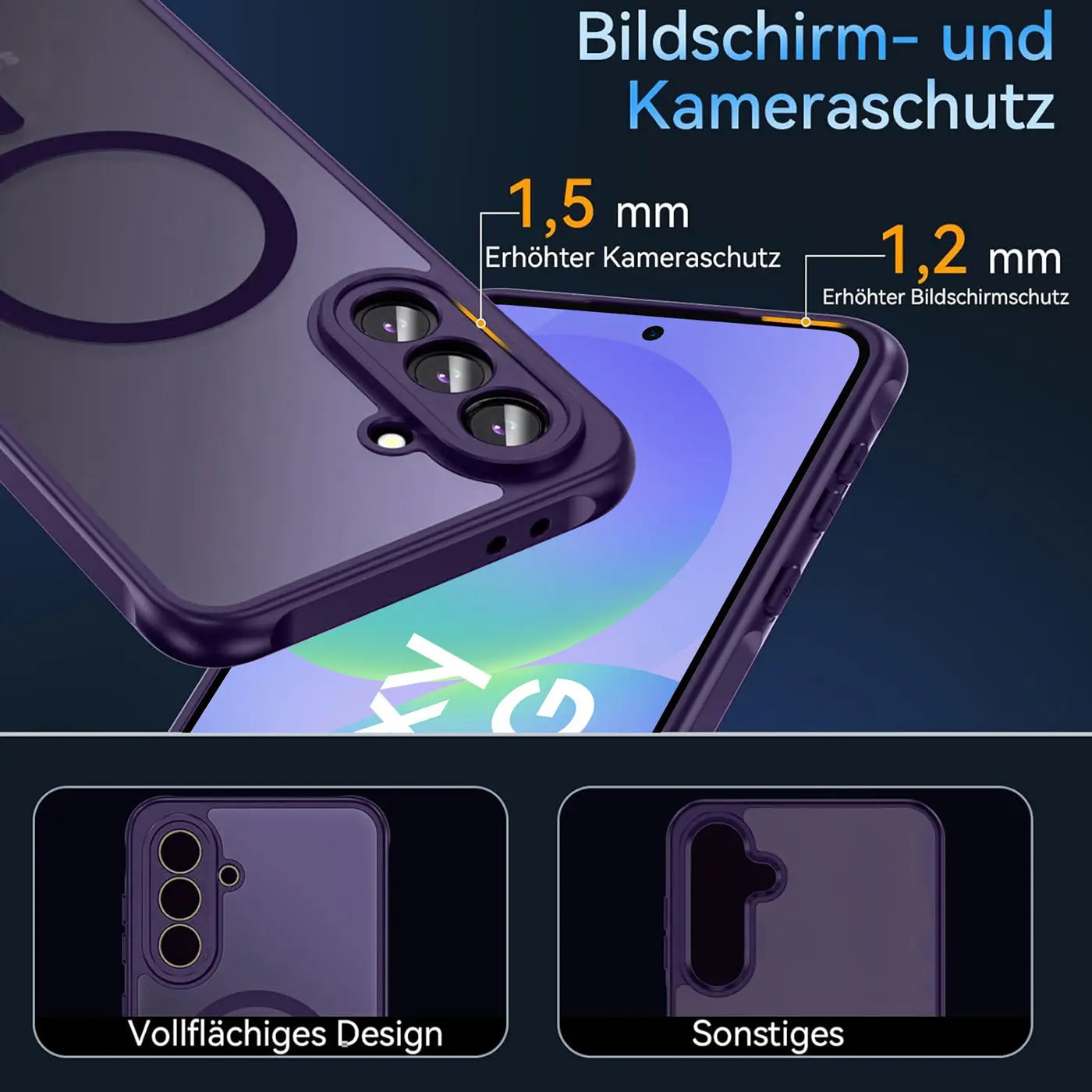 Lila MagSafe Hülle aus Kunststoff mit Kameraschutz, Nahaufnahme, Samsung Galaxy A56 5G.