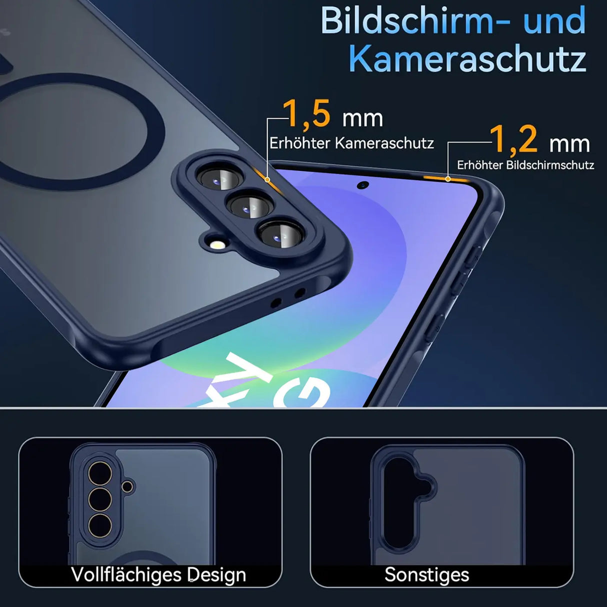 Dunkelblaue MagSafe Hülle aus Kunststoff, Nahaufnahme, Samsung Galaxy A57 5G, Kameraschutz