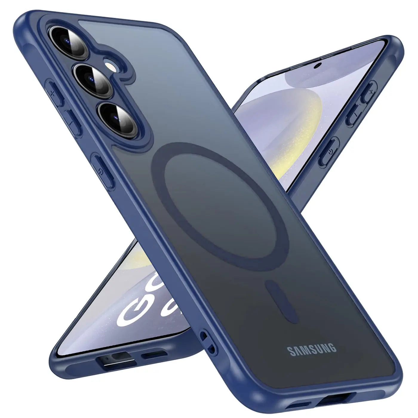 Blaue MagSafe Hülle, transparent, mit Kameraschutz, für Samsung S24, von vorne links