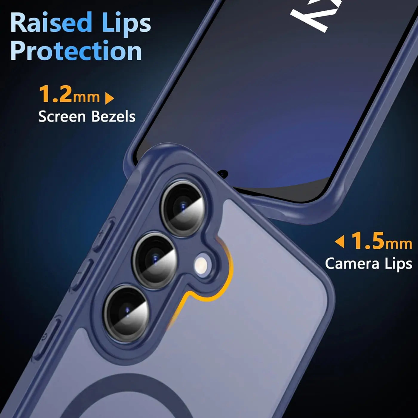 Dunkelblaue Hülle mit transparentem Rückenteil, Nahaufnahme der Kamera, Samsung S24 FE.