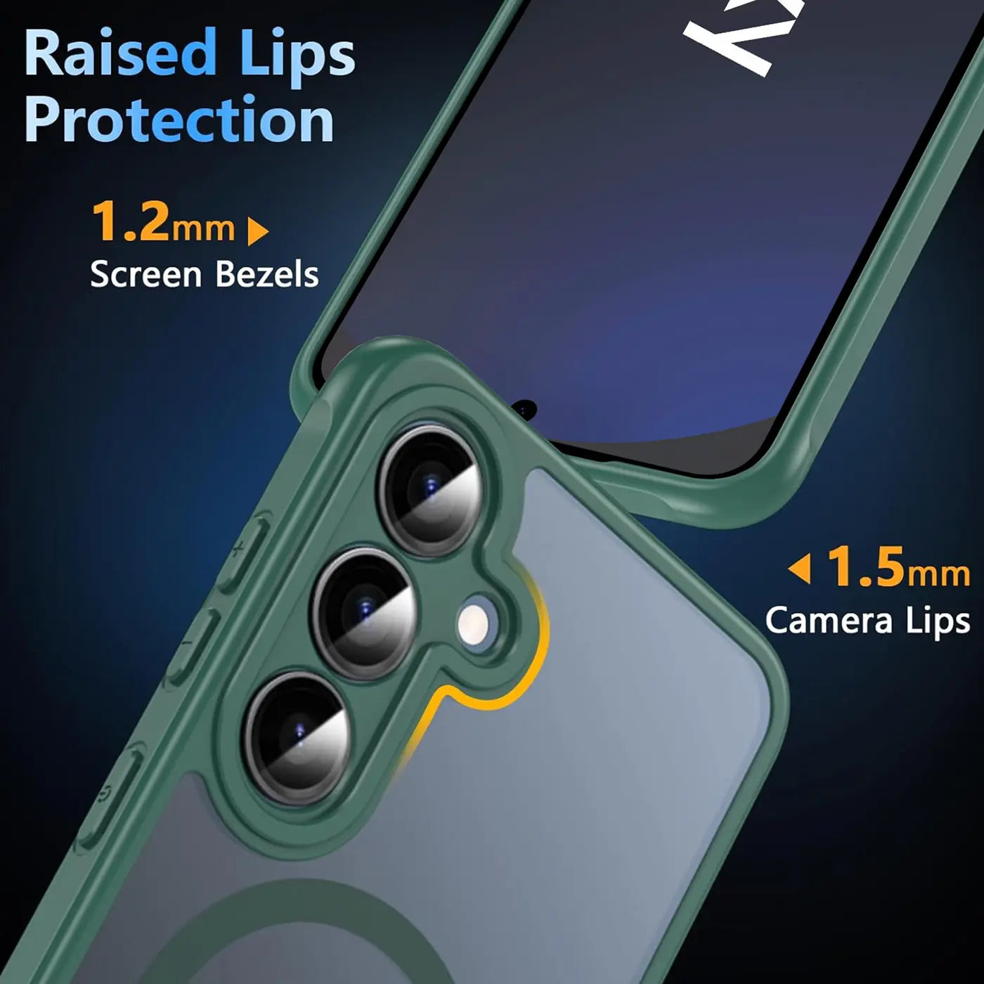 Grüne MagSafe-Hülle aus Kunststoff, Nahaufnahme der Kamera und des Displays eines Samsung Galaxy S24 FE.