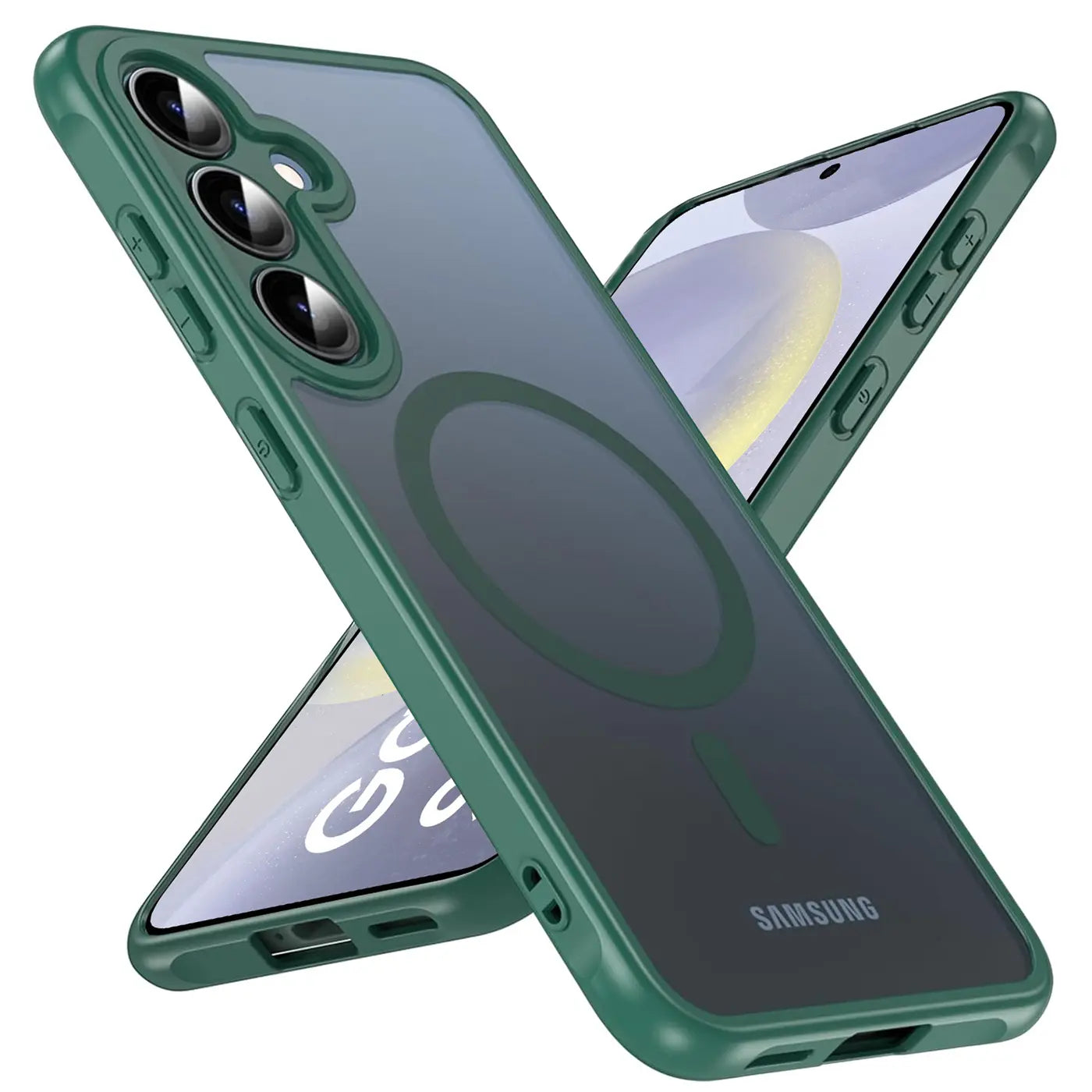 Grüne MagSafe Hülle aus Kunststoff mit Kameraschutz für Samsung S24, von schräg oben