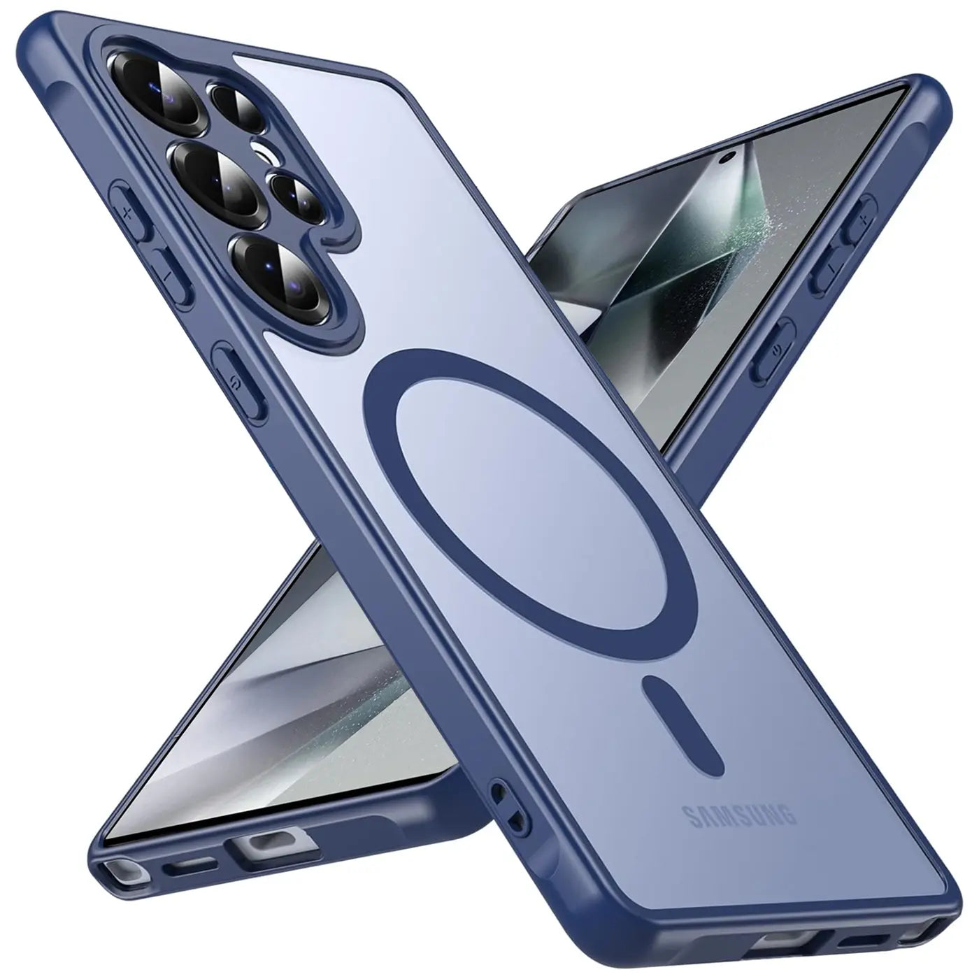 Blaue MagSafe Hülle, transparent, mit Kameraschutz, für Samsung S24 Ultra, von vorne links