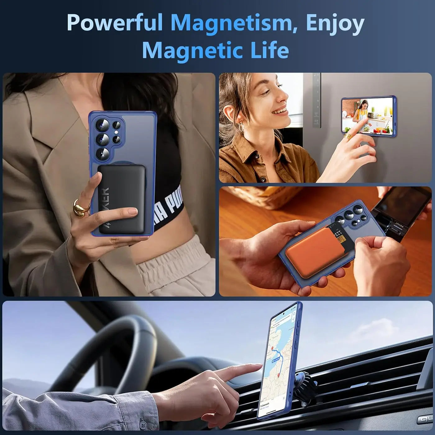 Blaue Hülle mit schwarzem Magnet-Akku an Samsung S24 Ultra, Nahaufnahme.