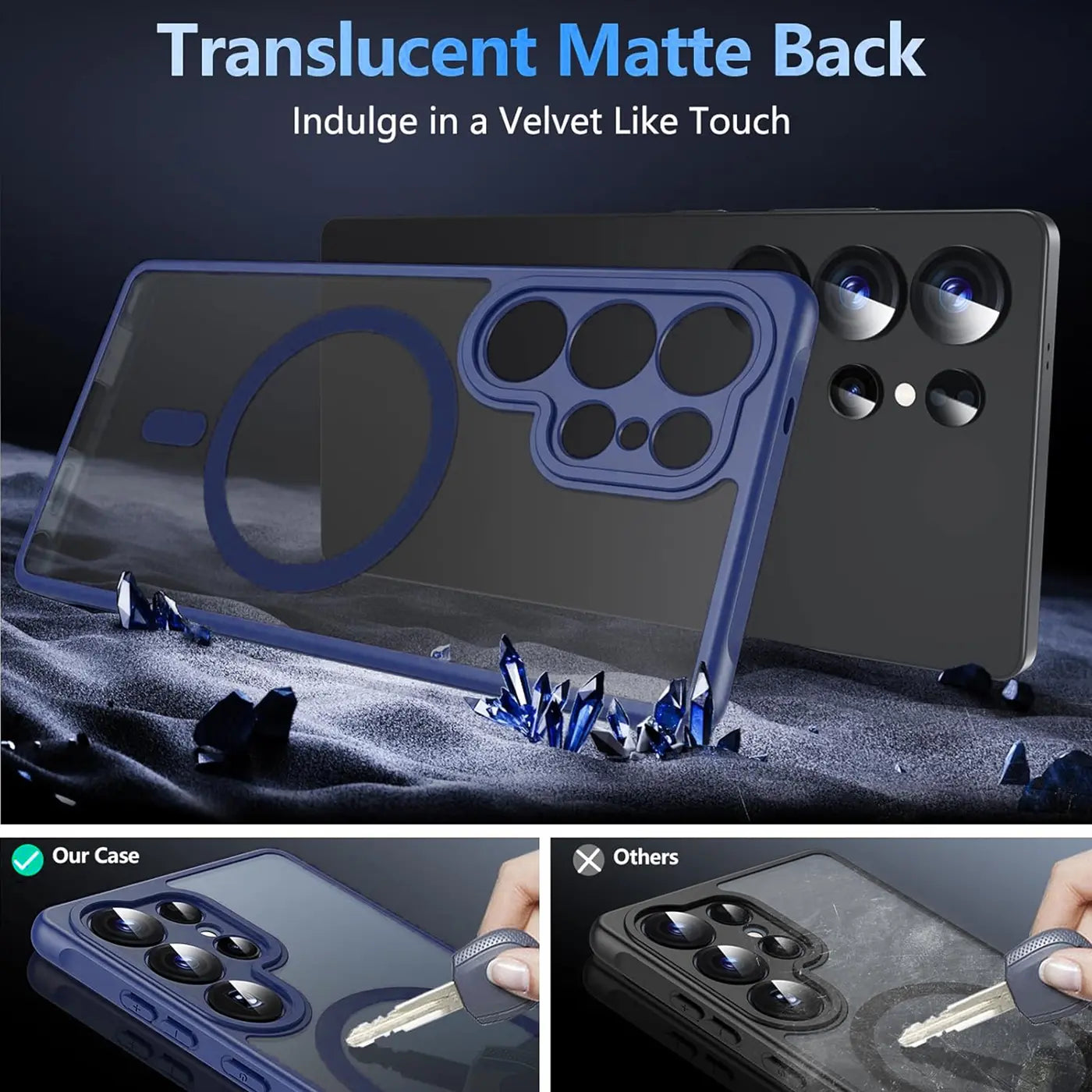 Blaue MagSafe Hülle, transparent matt, Rückseite, Samsung S24 Ultra, Kameraschutz