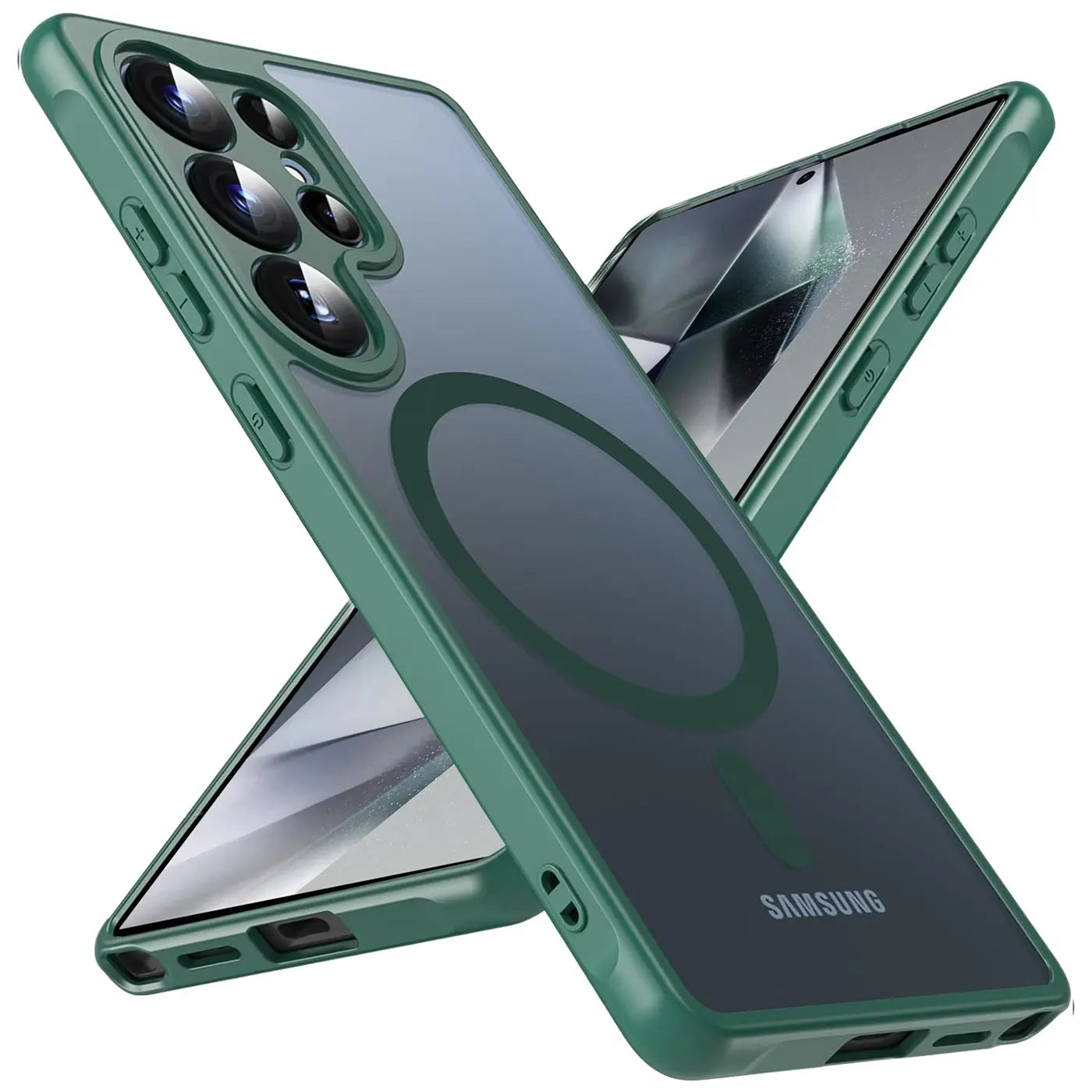 Grüne MagSafe Hülle, transparent, mit Kameraschutz, für Samsung Galaxy S24 Ultra.