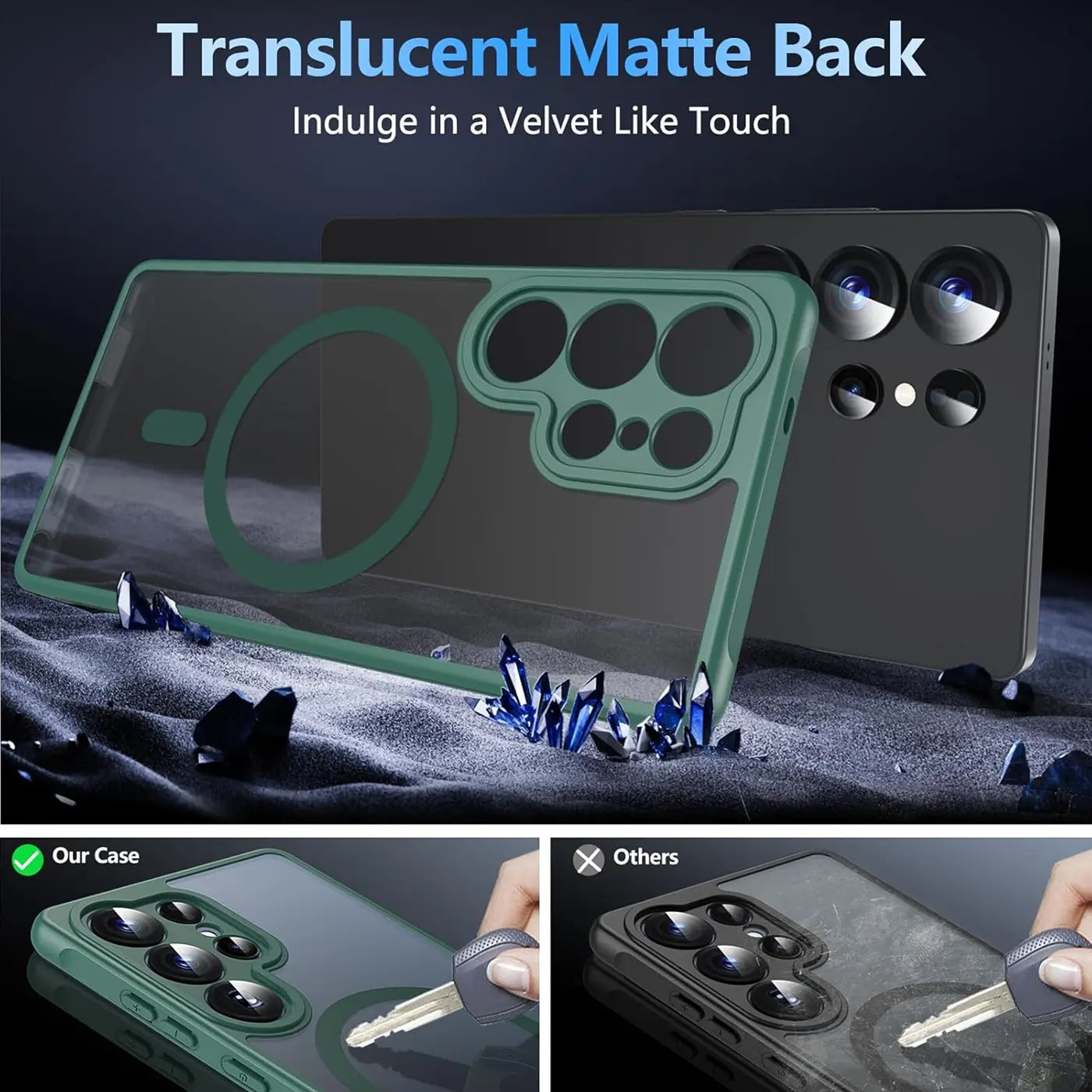 Grüne MagSafe-Hülle, transparent, matte Rückseite, Kameraschutz, Samsung S24 Ultra.