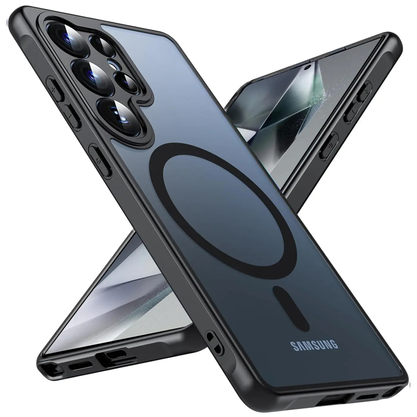 Transparente Hülle mit schwarzem Rand, MagSafe-Ring, für Samsung S24 Ultra, von vorne schräg